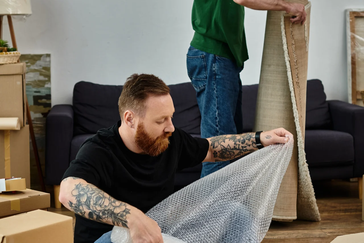Möbelpacker verpacken Möbel mit Luftpolsterfolie