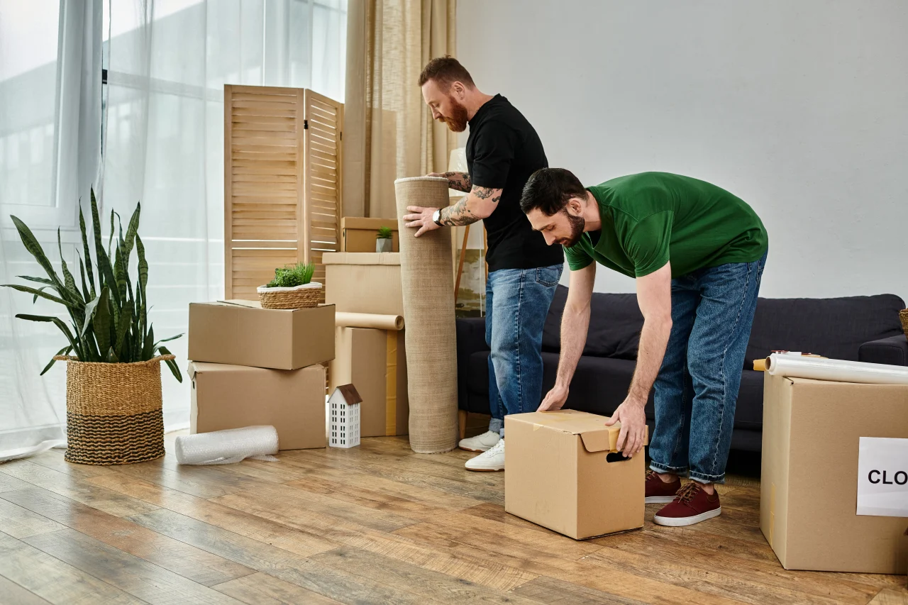 Umzugshelfer tragen Teppich und Karton beim Möbeltransport